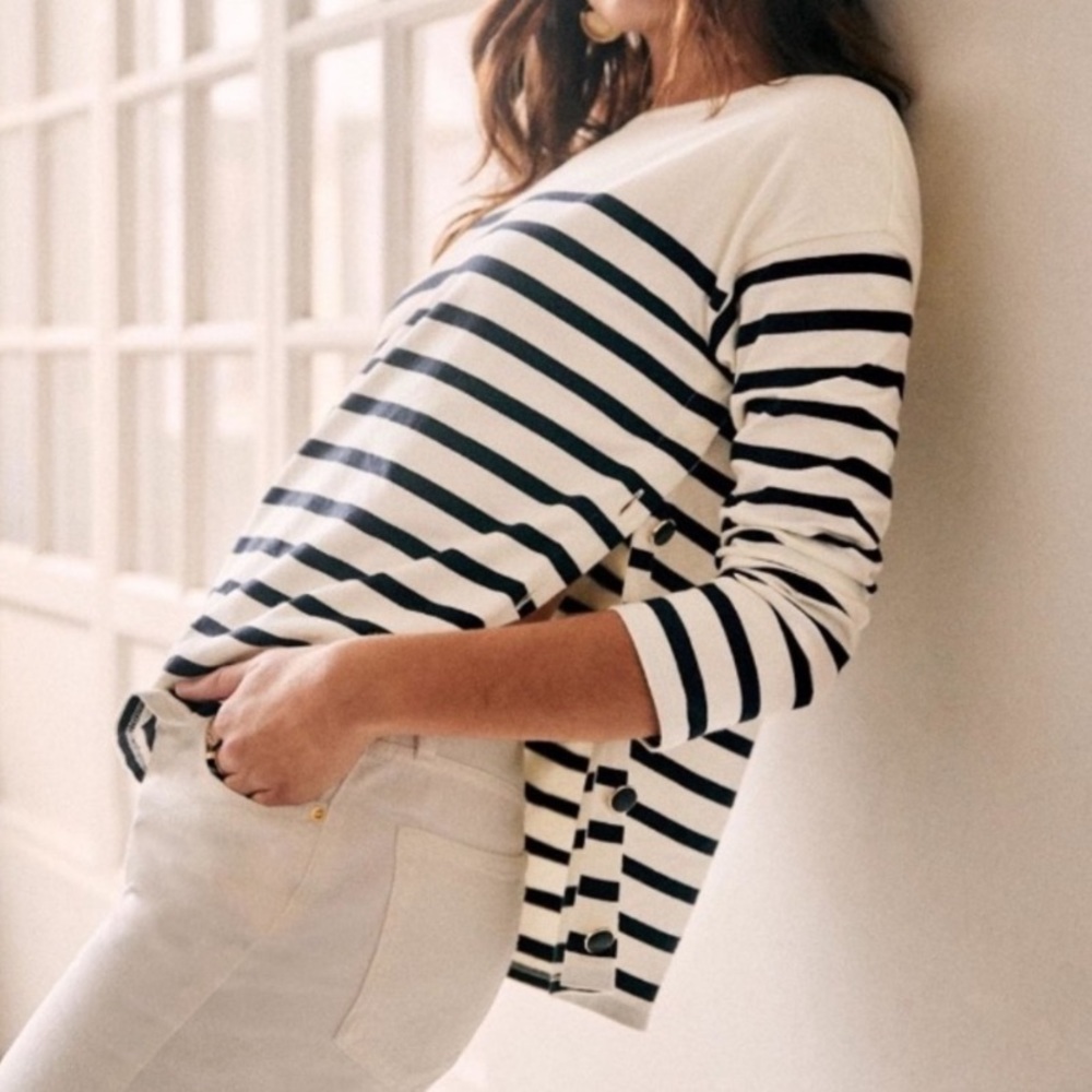 Sezane Cream and dark navy Striped Long Sleeve Tee